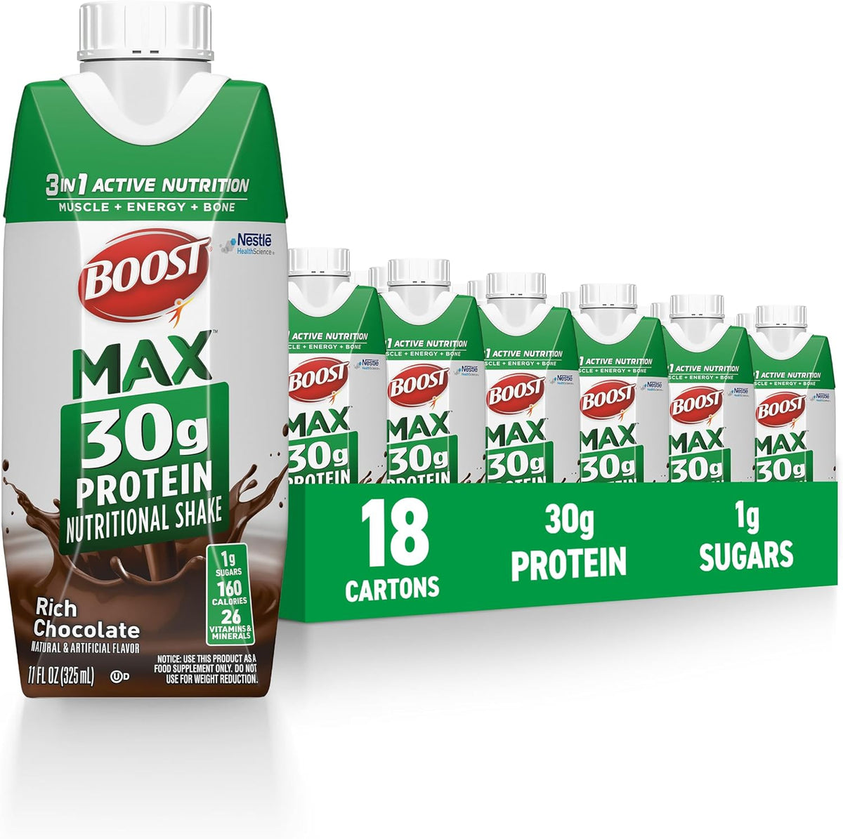 BOOST MAX Ready to Drink Protein Shake in vanilla flavor, 11 fl oz bottle, pack of 18, showing the vanilla-flavored beverage