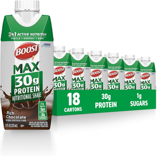 BOOST MAX Ready to Drink Protein Shake in vanilla flavor, 11 fl oz bottle, pack of 18, showing the vanilla-flavored beverage