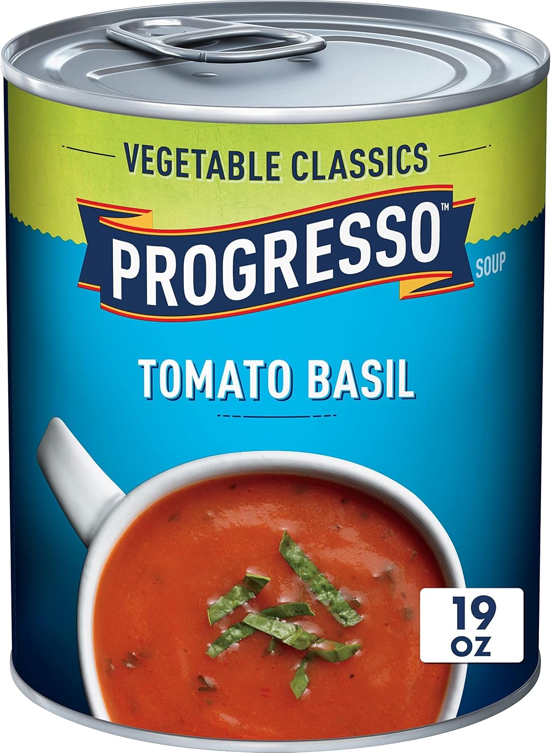Canned Progresso Traditional Chicken Noodle Soup in 19 oz cans, four-pack, showing labels and soup inside the cans.