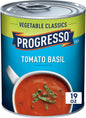 Canned Progresso Traditional Chicken Noodle Soup in 19 oz cans, four-pack, showing labels and soup inside the cans.
