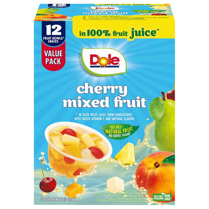 Dole fruit snack cups featuring diced peaches, mandarin oranges, and cherries in 4 oz packaging, 12-pack.