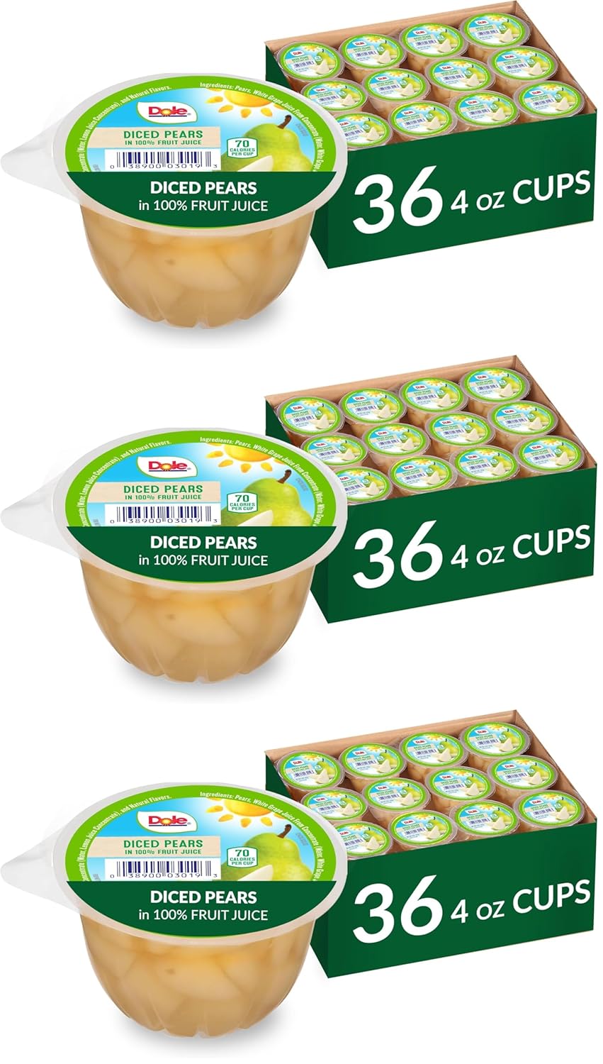 Canned Dole pineapple tidbits and tropical fruit in 4 oz bowls, 12-pack, showing colorful fruit pieces in clear containers.
