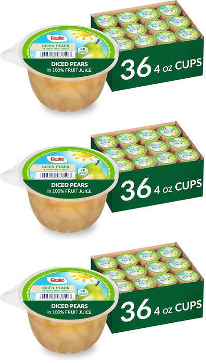 Canned Dole pineapple tidbits and tropical fruit in 4 oz bowls, 12-pack, showing colorful fruit pieces in clear containers.