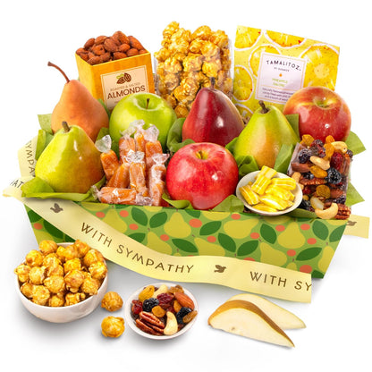 A Gift Inside fruit gift basket with fresh pears, apples, mixed fruit, nuts, and sweet snacks in a decorative box.