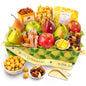A Gift Inside fruit gift basket with fresh pears, apples, mixed fruit, nuts, and sweet snacks in a decorative box.