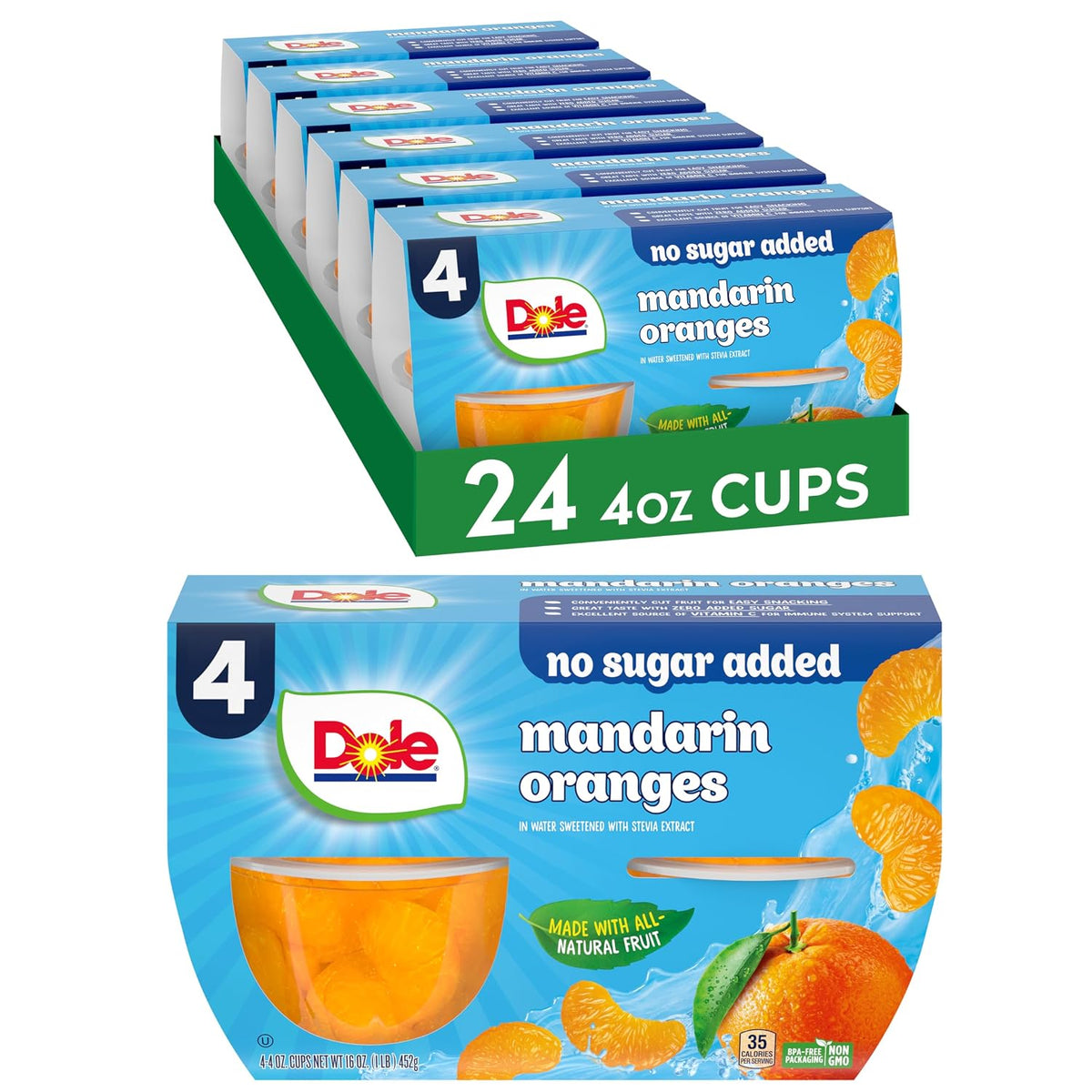 Dole canned mandarin oranges in 4oz cups, 12-pack, featuring bright orange segments in syrup.