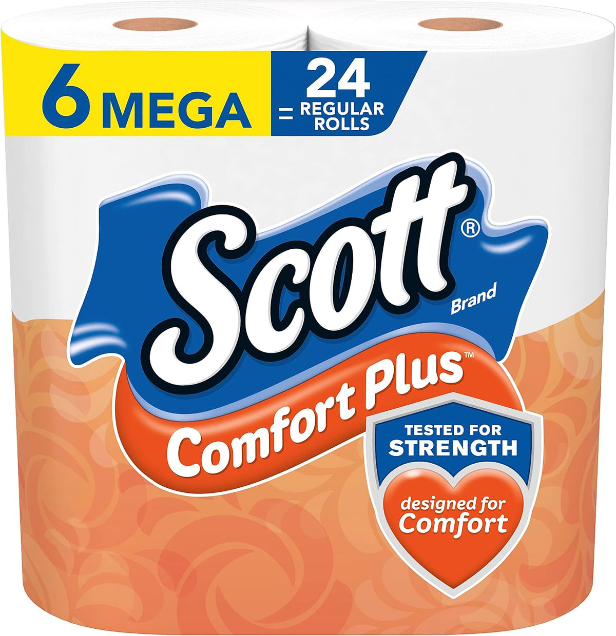 Scott ComfortPlus toilet paper, 12 triple rolls, 231 sheets each, septic-safe 1-ply tissue, shown on a bathroom surface