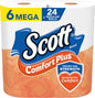 Scott ComfortPlus toilet paper, 12 triple rolls, 231 sheets each, septic-safe 1-ply tissue, shown on a bathroom surface