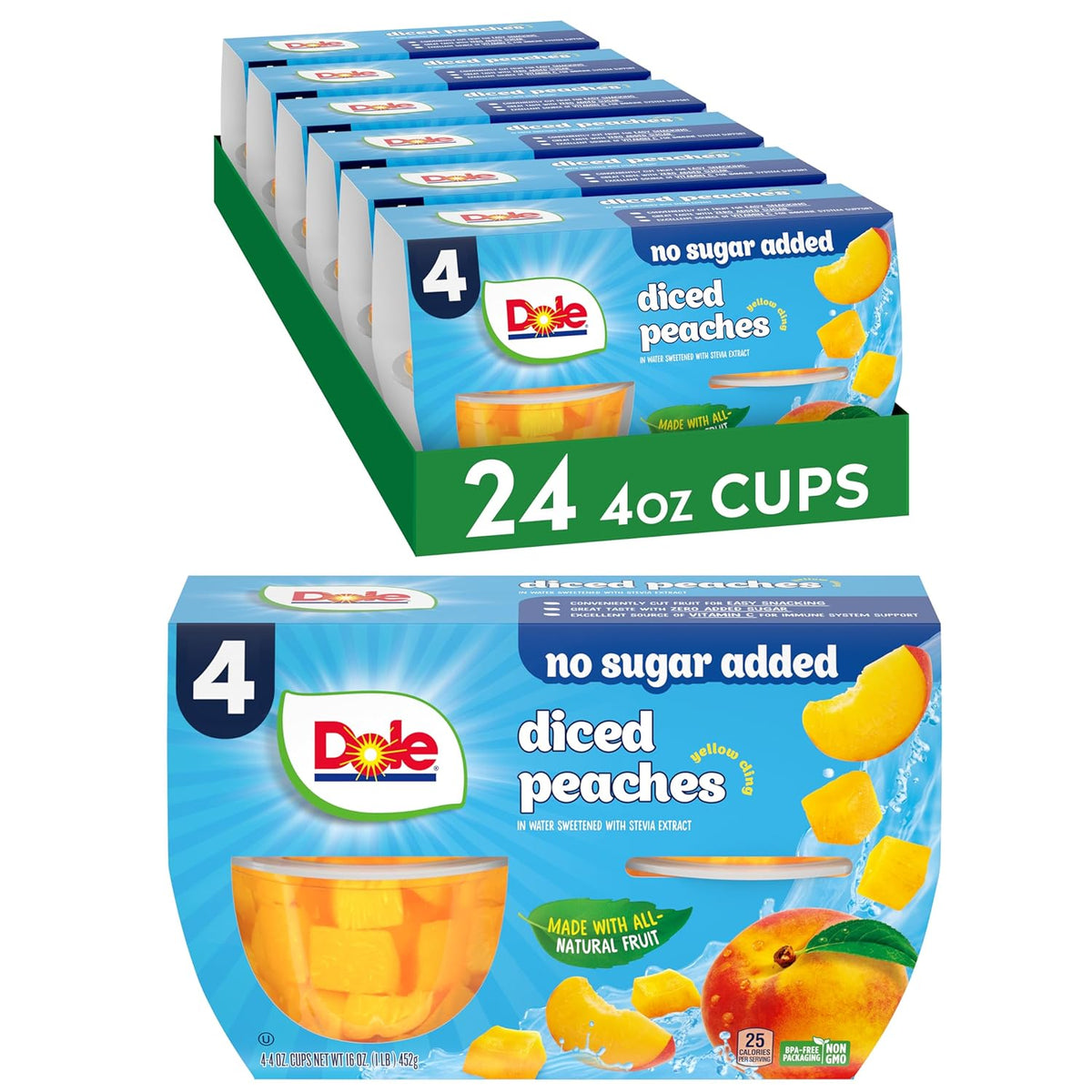 Dole diced peaches in 4 oz fruit snack cups, 12-pack, showing fresh peach pieces in clear containers