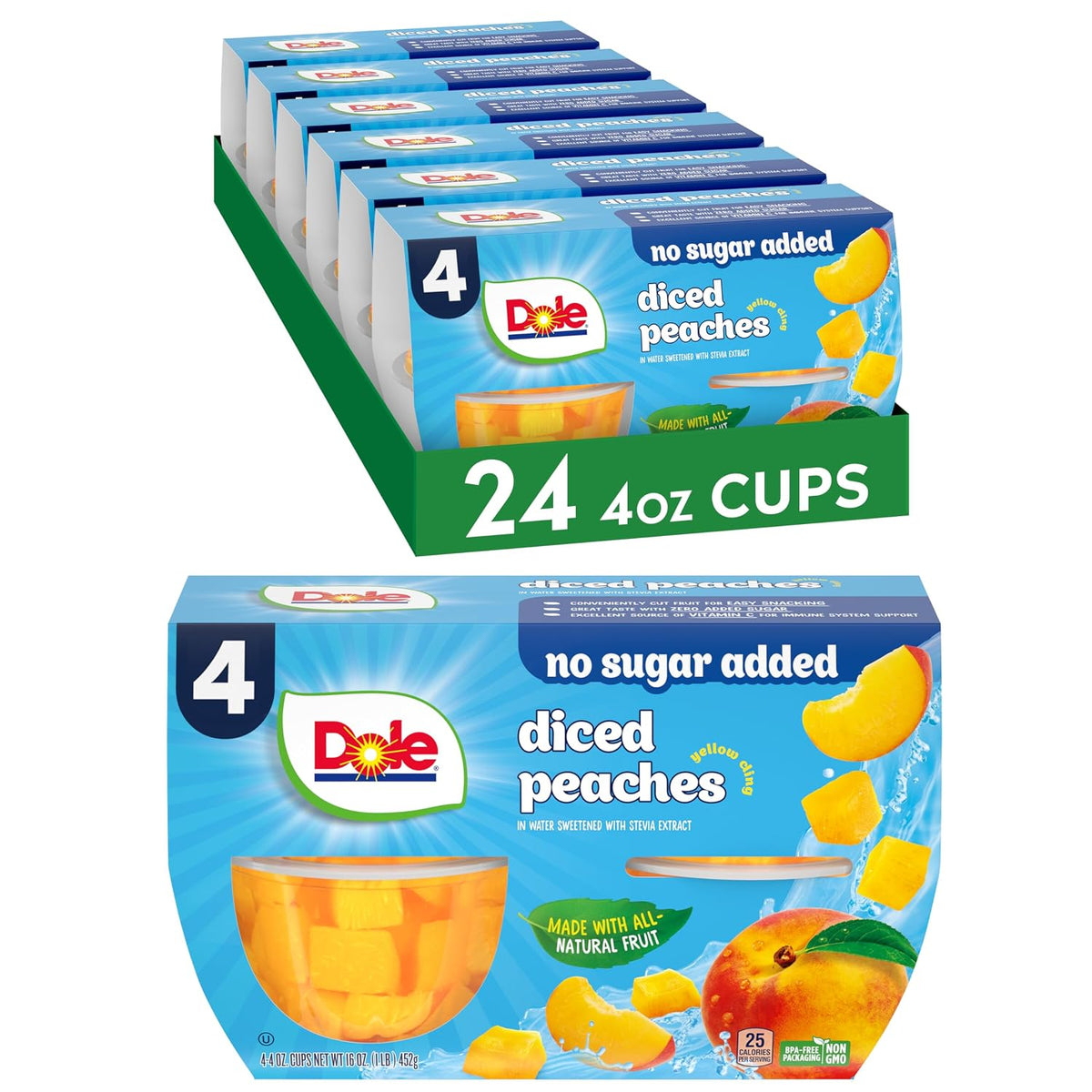 Dole diced mango fruit snack cups in 4 oz bowls, 24-pack, showing vibrant diced mango pieces in clear plastic containers.