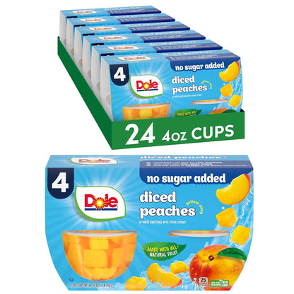 Dole diced mango fruit snack cups in 4 oz bowls, 24-pack, showing vibrant diced mango pieces in clear plastic containers.