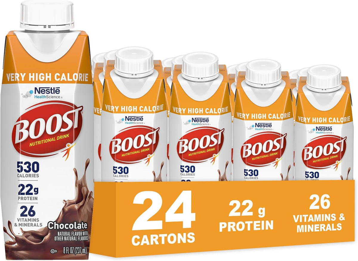 BOOST Very High Calorie Protein Drink in chocolate flavor, 8 fl oz bottles, 24-pack, nutritious nutritional supplement.