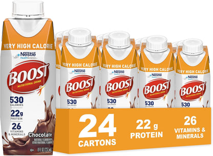 BOOST Very High Calorie Protein Drink in chocolate flavor, 8 fl oz bottles, 24-pack, nutritious nutritional supplement.