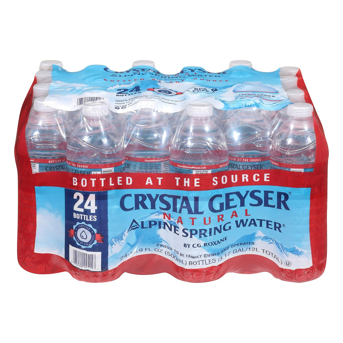 Crystal Geyser bottled spring water in 16.9 fl oz bottles, packed in a set of 35, sourced from natural spring water.