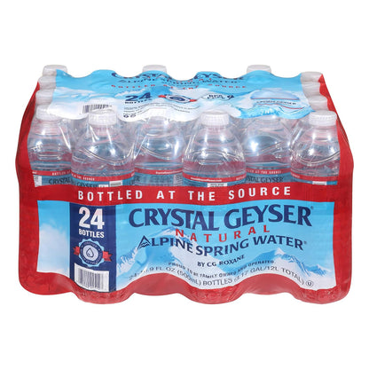 Crystal Geyser bottled spring water in 16.9 fl oz bottles, packed in a set of 35, sourced from natural spring water.