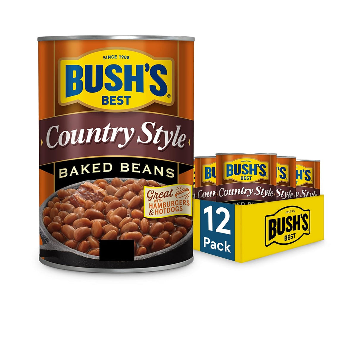 Canned Bush's Best Maple Cured Bacon Baked Beans in 16 oz can, pack of 12, with baked beans featuring bacon and maple syrup flavor