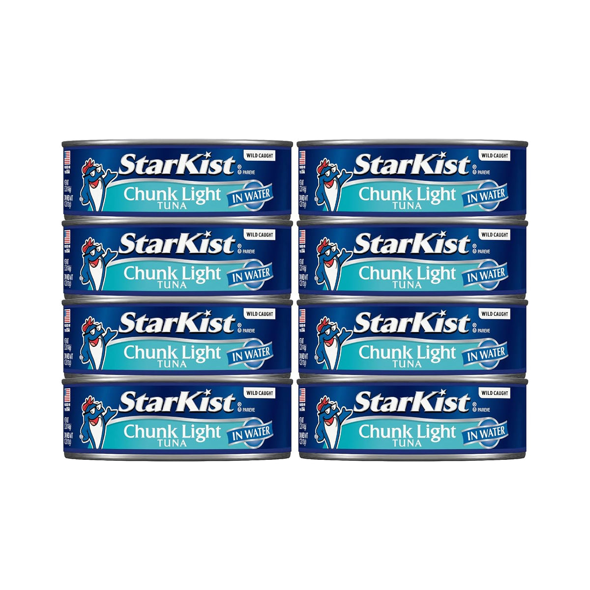 Eight 5oz cans of StarKist Chunk Light Tuna in Water, pantry storage pack with canned tuna in water.