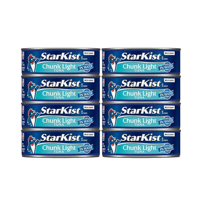 Eight 5oz cans of StarKist Chunk Light Tuna in Water, pantry storage pack with canned tuna in water.