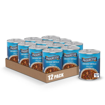 Cans of Progresso Traditional Chicken Noodle Soup, 19 oz, 4-pack, featuring labels with chicken, noodles, and vegetables.