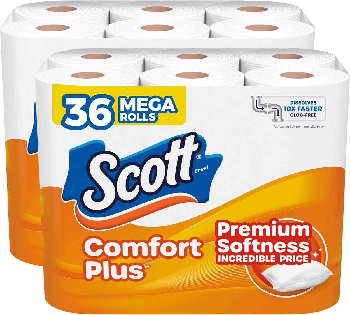 Scott ComfortPlus toilet paper, 12 triple rolls with 231 sheets each, septic-safe, 1-ply tissue, soft and durable bathroom paper