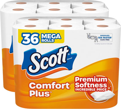 Scott ComfortPlus toilet paper, 12 triple rolls with 231 sheets each, septic-safe, 1-ply tissue, soft and durable bathroom paper