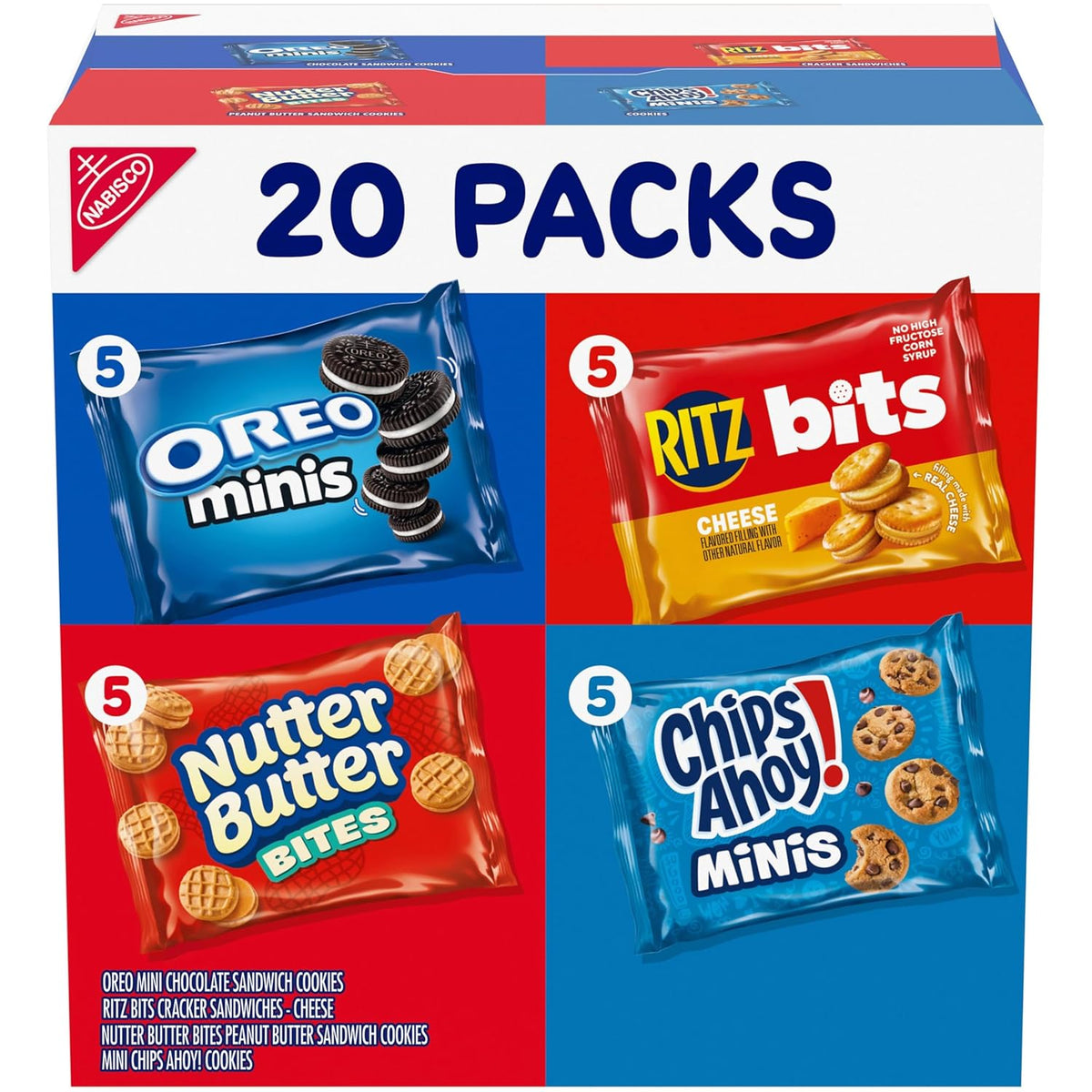 NABISCO Cookie and cracker variety pack with 4 flavors, includes 20 snack packs of cookies and crackers in assorted packaging.