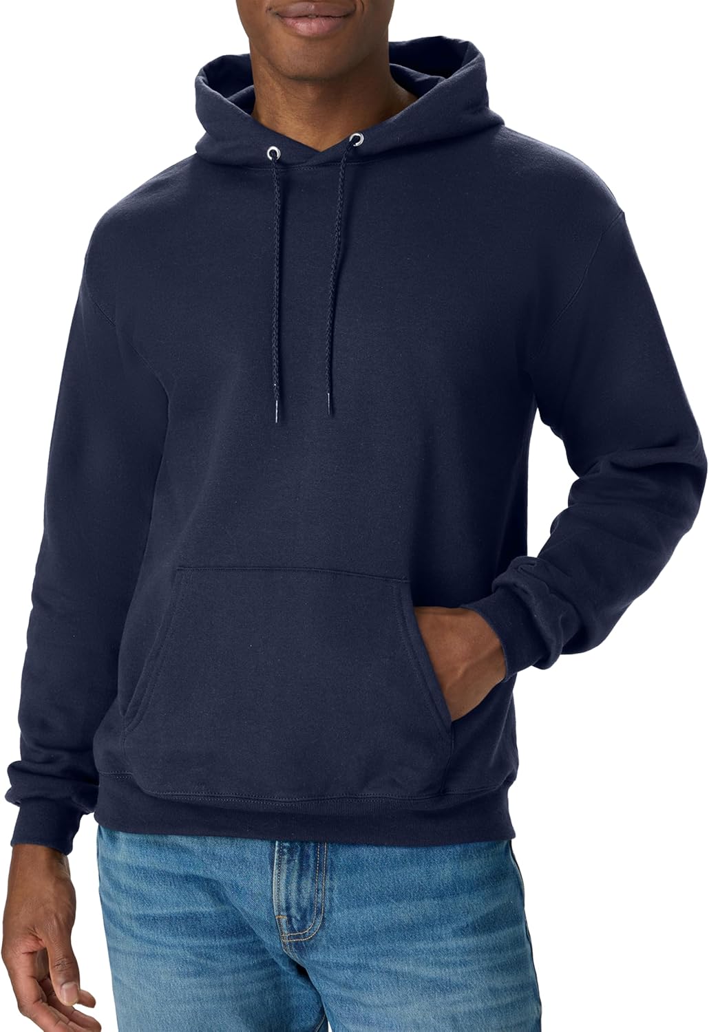 Hanes men's EcoSmart fleece hoodie featuring a front pocket and drawstring hood, available in big and tall sizes.