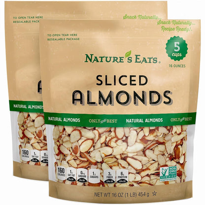 Sliced blanched almonds in a resealable bag, perfect for baking, salads, granola, and healthy snacks from Nature’s Eats.