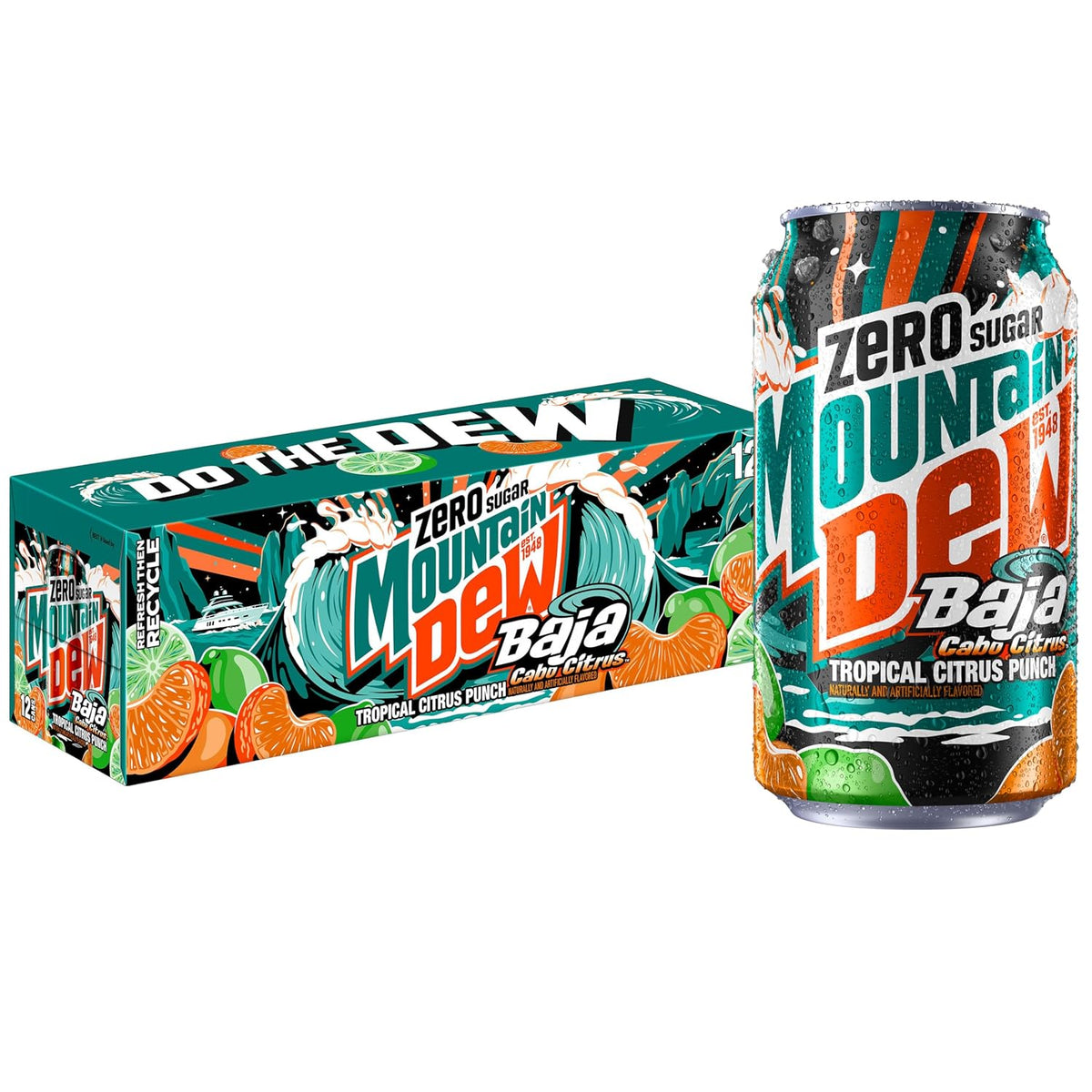 12-pack of Mountain Dew Baja Cabo Citrus Zero Sugar soda cans, 12 fl oz each, featuring bright yellow and orange branding.
