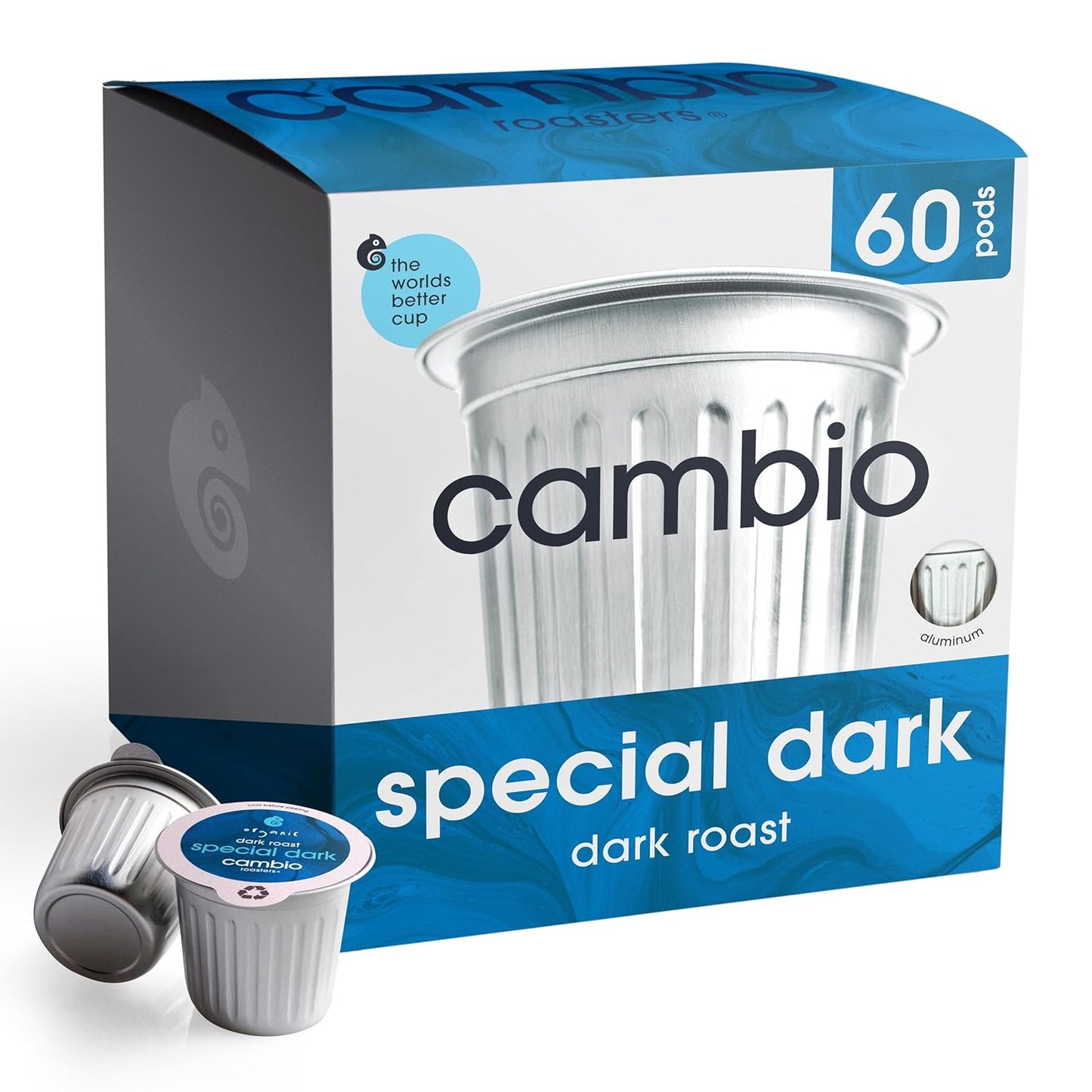 Cambio Roasters Colombian medium roast organic coffee pods in recyclable aluminum, Keurig compatible, 60 count, bold flavor.