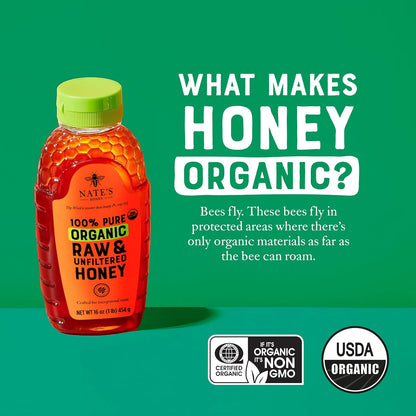 Nate's Organic Honey in a 16oz squeeze bottle, golden honey dripping from the nozzle, natural and pure honey product.