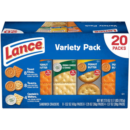 Lance assorted sandwich crackers in a 20-count variety pack, showing individual cracker sandwiches with various fillings and flavors.