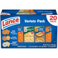 Lance assorted sandwich crackers in a 20-count variety pack, showing individual cracker sandwiches with various fillings and flavors.
