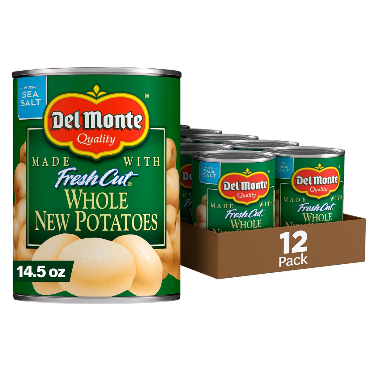 Canned Del Monte fresh cut whole potatoes in 14.5 oz cans, 12-pack of canned vegetables, ready for cooking or recipes.