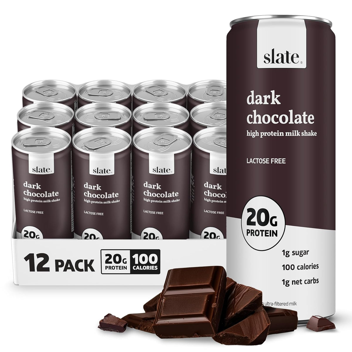 Slate Milk high protein shakes and iced coffees in classic chocolate, mocha latte, vanilla latte, and French vanilla flavors.