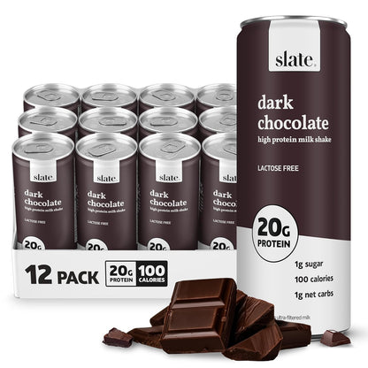 Slate Milk high protein shakes and iced coffees in classic chocolate, mocha latte, vanilla latte, and French vanilla flavors.