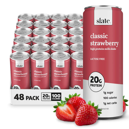 Slate Milk high protein milk shakes and iced coffees in chocolate, mocha, vanilla flavors, lactose free, 20g protein, 11 fl oz cans