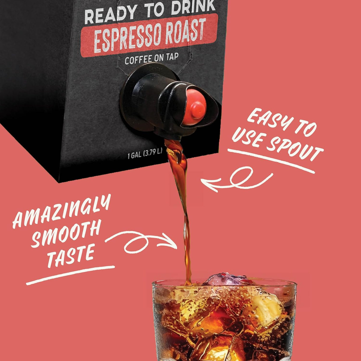 Cold brew on tap espresso from Java House, served in a glass with a creamy layer and ice, ready to enjoy.