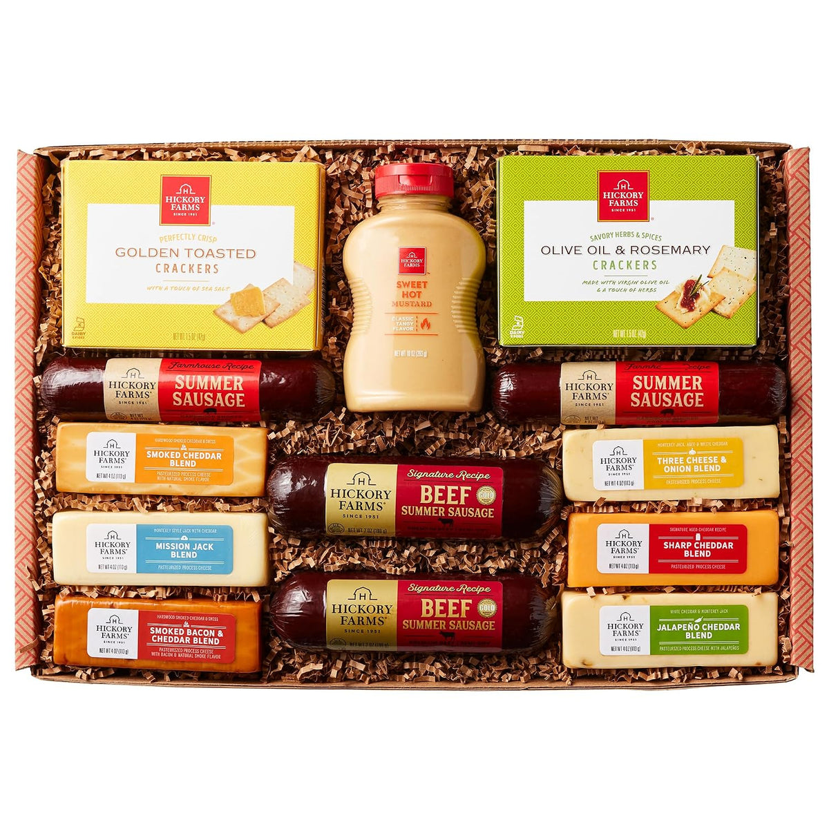 Hickory Farms small farmhouse meat and cheese gift basket with summer sausage, perfect for special occasions and holiday gift-giving.