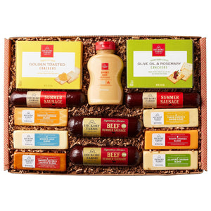 Hickory Farms small farmhouse meat and cheese gift basket with summer sausage, perfect for special occasions and holiday gift-giving.