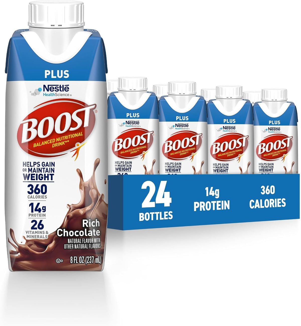 BOOST Plus Vanilla protein drink, ready-to-drink nutritional beverage in 24-pack, creamy vanilla flavor, convenient for on-the-go nutrition.