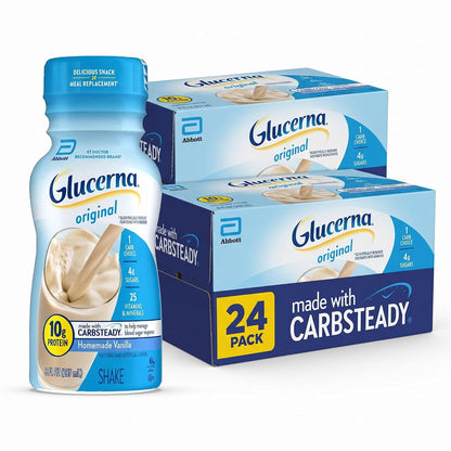 Glucerna Original Diabetes Nutrition Shake bottle with label, supporting blood sugar management, on a white background.