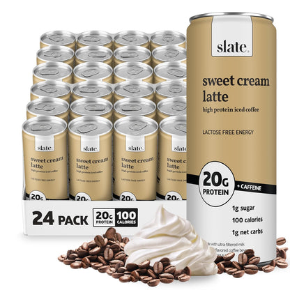 Slate Milk high protein milk shakes and iced coffees in chocolate, mocha, vanilla, and French vanilla bottles, 11 fl oz each.