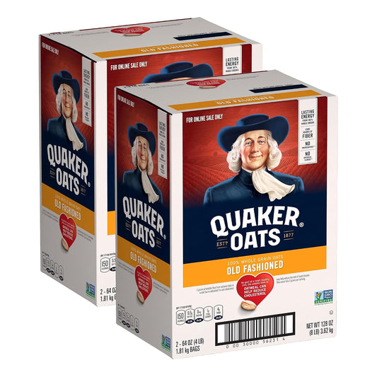 Quaker Old Fashioned Rolled Oats in two 64oz bags, Non-GMO Project Verified, 4-pound packs for hearty breakfast or baking.