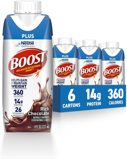 Boost Plus Rich Chocolate protein drink in a 24-pack, showing bottles with chocolate flavor and nutritional label on the packaging.