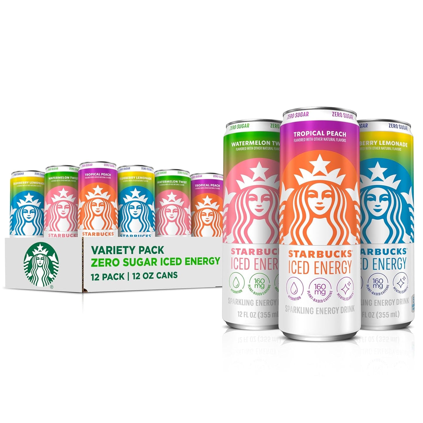 Starbucks Iced Energy Drink variety pack with tropical peach, watermelon splash, and blueberry lemonade flavors in 12 cans.