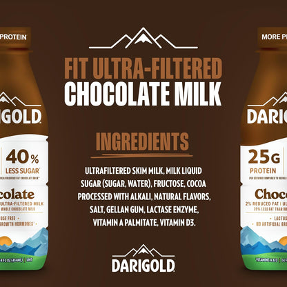 Darigold FIT high protein shelf stable chocolate milk bottle, 14oz, showing the chocolate milk container with branding and label details.