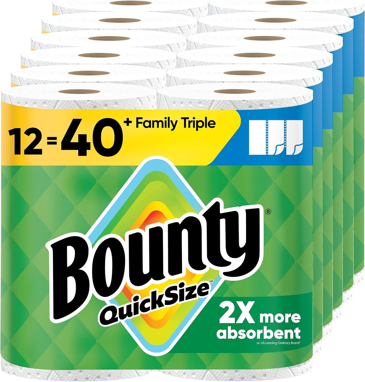 Bounty paper towels quick size in white, 16 family rolls, shown alongside K-Cup coffee pods for household cleaning and coffee use.