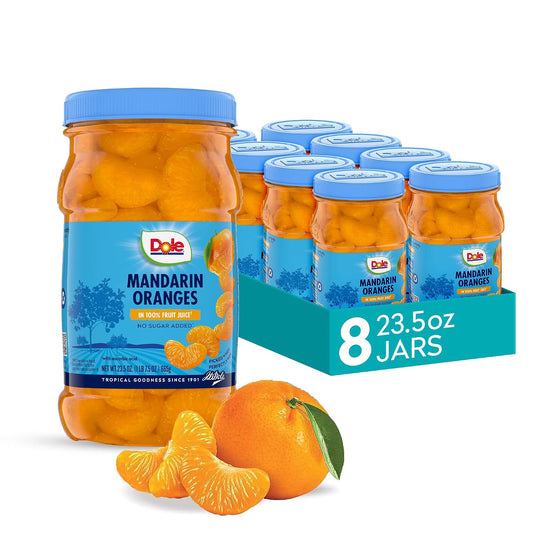 Jarred Dole Sliced Peaches in 23.5 oz jars, showing peach slices in syrup with bright labels on the packaging.