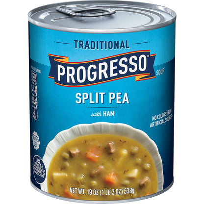 Canned Progresso Traditional Chicken Noodle Soup 19 oz, four-pack, featuring a bowl of chicken noodle soup with vegetables and noodles